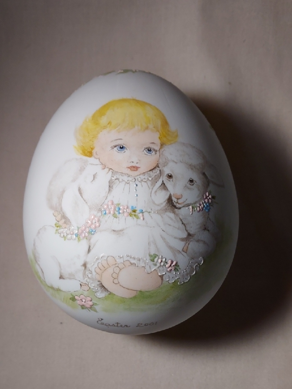 Vintage 2001 Easter Ceramic Egg Blond Girl With Lambs Dated 2001